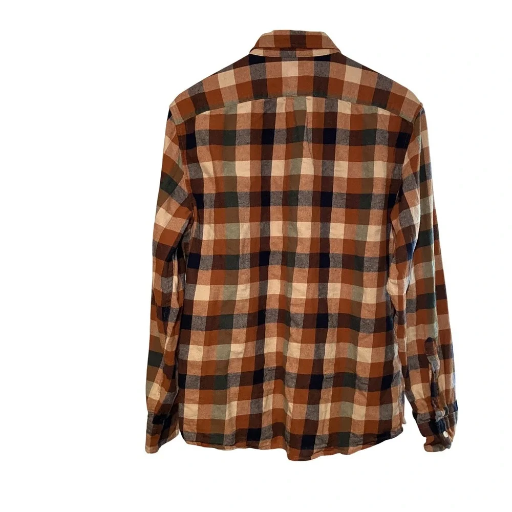 J. Crew Mens Large Flannel Button Down Shirt Brown Green Plaid Long Sleeve